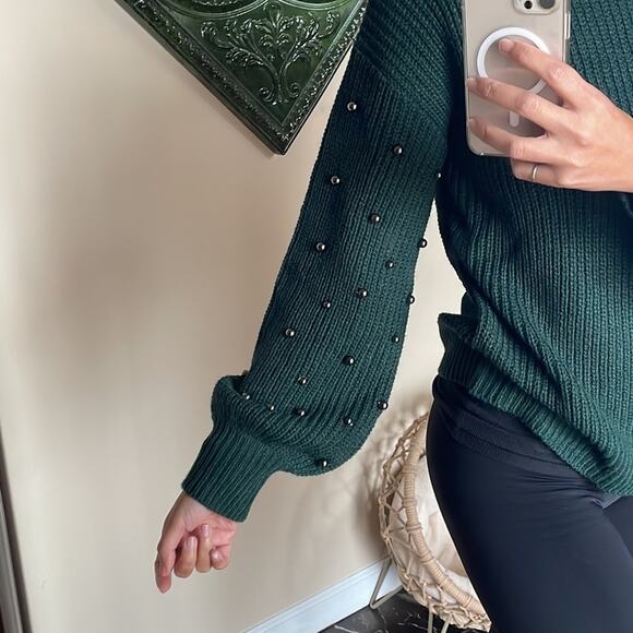 a.n.a Crewneck Knit Beaded Hunter Green Sweater Long Sleeves Blouse NWOT - Picture 9 of 9